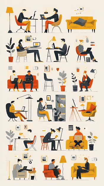 Photo series of illustrations showing people working from home in various settings with simple style