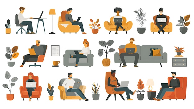 Series of Illustrations Showing People Working from Home in Various Settings with Simple Style