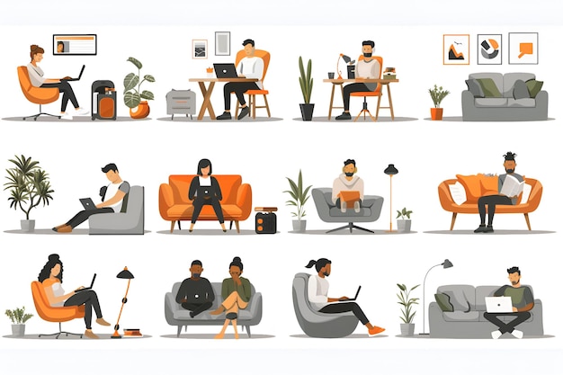 Series of Illustrations Showing People Working from Home in Various Settings with Simple Style