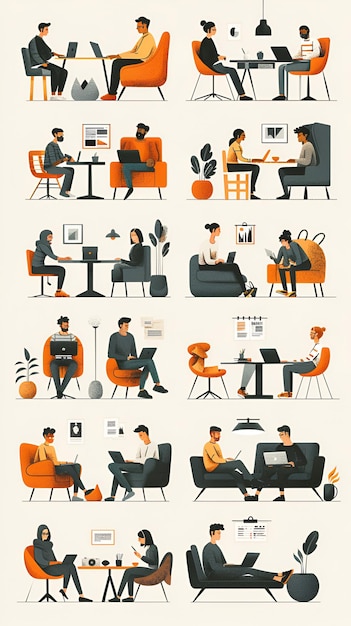 Series of Illustrations Showing People Working from Home in Various Settings with Simple Style