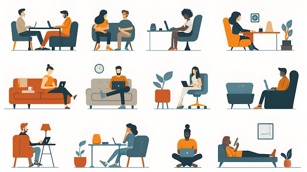 Series of Illustrations Showing People Working from Home in Various Settings with Simple Style