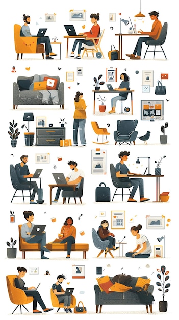 Photo series of illustrations showing people working from home in various settings with simple style