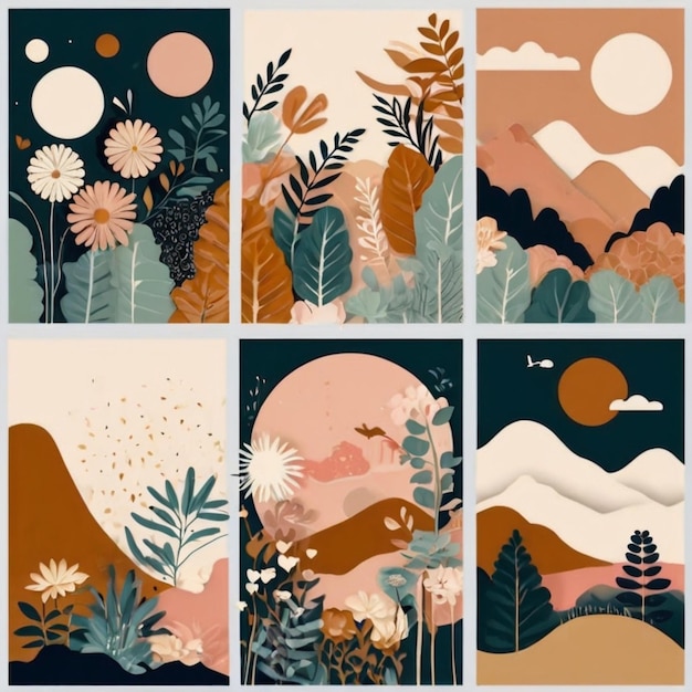 a series of illustrations with a mountain landscape and a moon