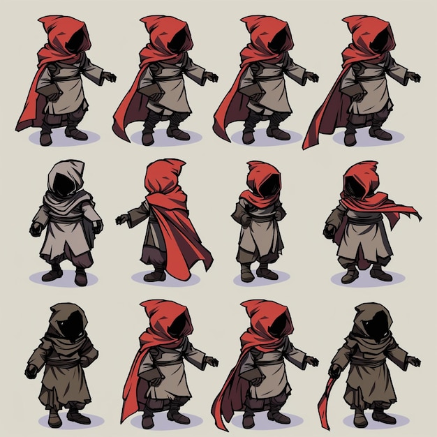 a series of images of a character with a red hat and a red cloak