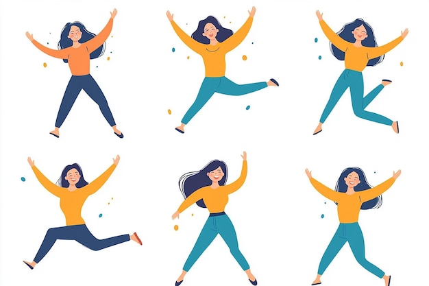 a series of images of a girl jumping with her arms outstretched