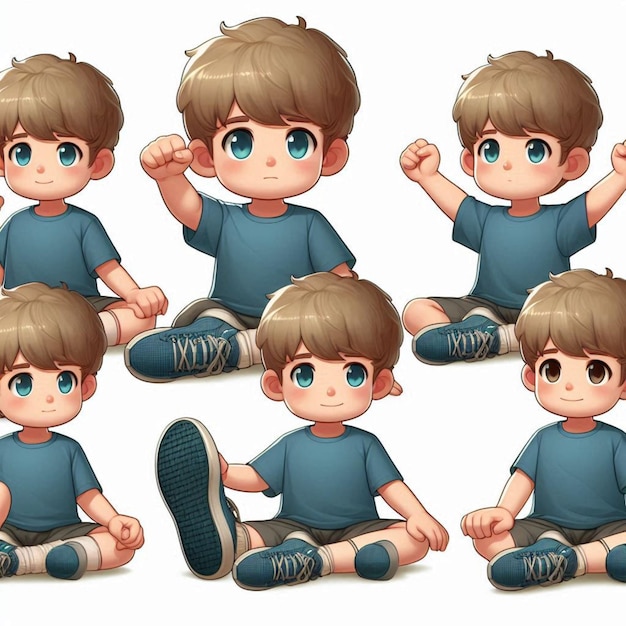 a series of images of a little boy sitting on the ground with his arms raised