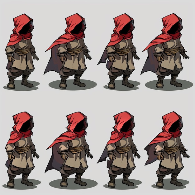 a series of images of a man in a red hat and a red cloak