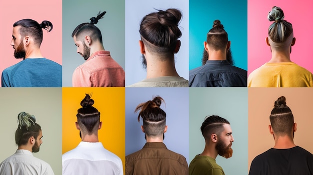 A series of images showcasing the man bun hairstyle