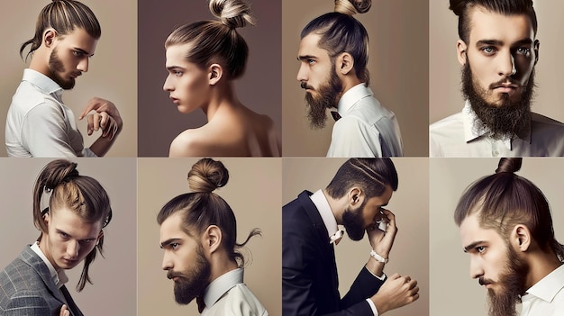 A series of images showcasing the man bun hairstyle