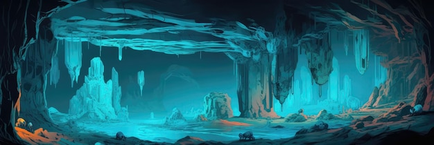 A Series Of Interconnected Caves With Glowing Crystals Panoramic Background Generative AI