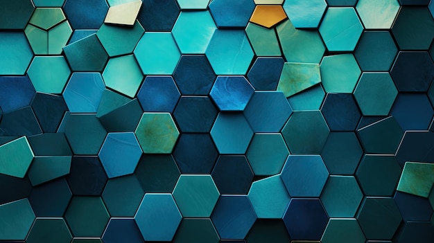 A series of interlocking hexagons in shades of blue and green