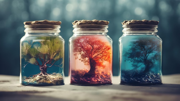 A series of jars with different trees inside.