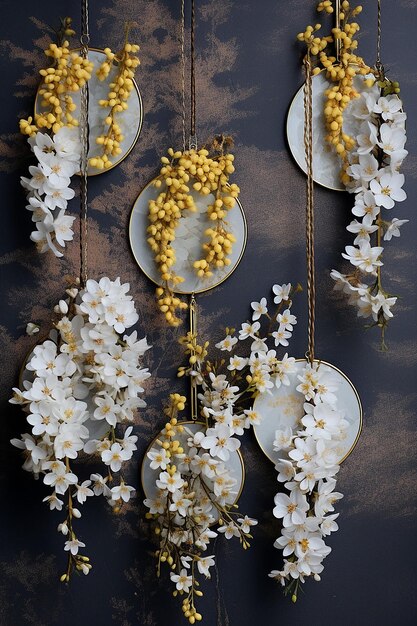 a series of Martisor hanging from a blossoming tree branch