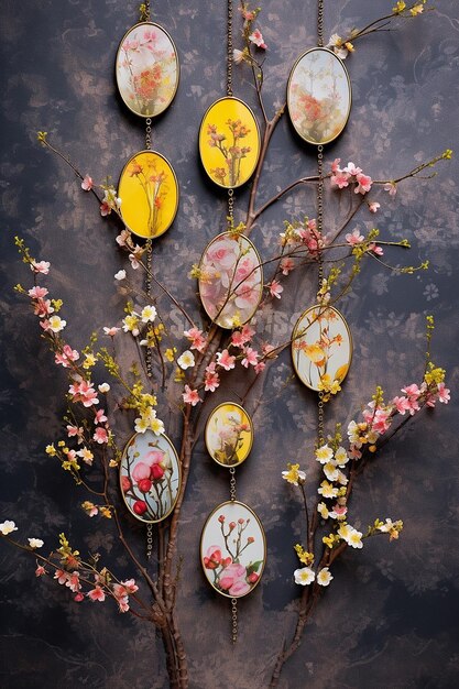 a series of Martisor hanging from a blossoming tree branch