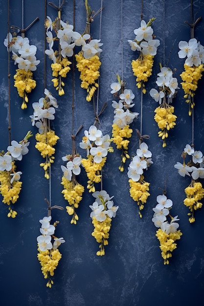 a series of Martisor hanging from a blossoming tree branch