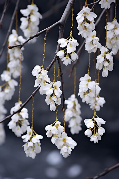 a series of Martisor hanging from a blossoming tree branch