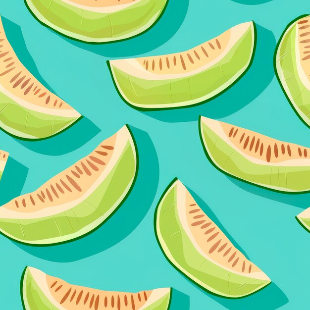 A series of melon slices are arranged in a pattern on a blue background