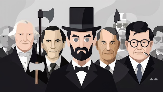 a series of men with a gun and a man in a top hat