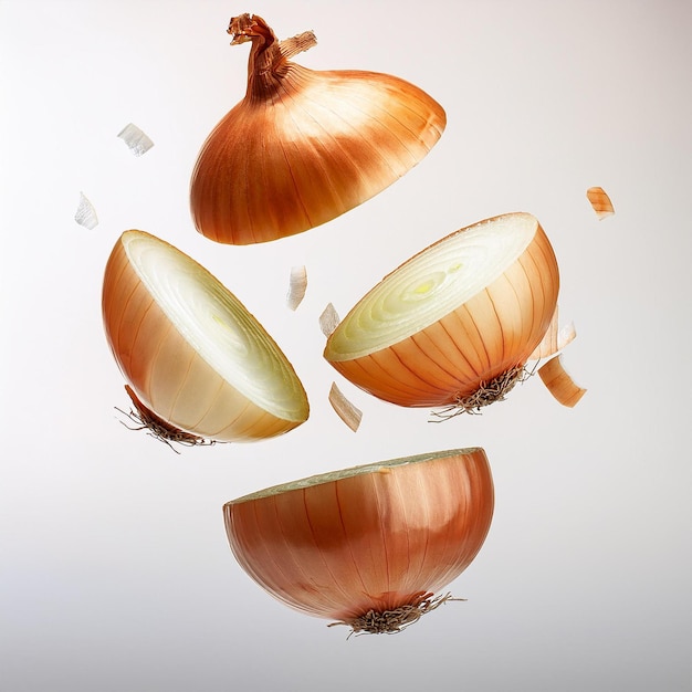 a series of onions with a reflection of a beetroot on the bottom