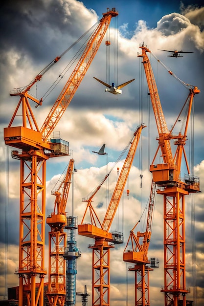 A series of orange cranes with a black and white picture of a helicopter and other construction cran