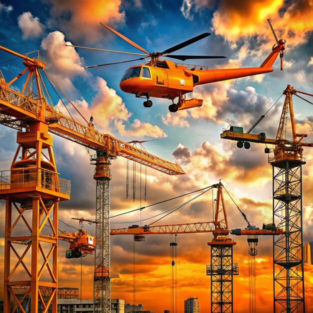 Photo a series of orange cranes with a black and white picture of a helicopter and other construction cran