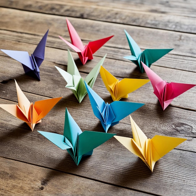 Photo series of origami animals cranes frogs and butterflies displayed in a row on a wooden table