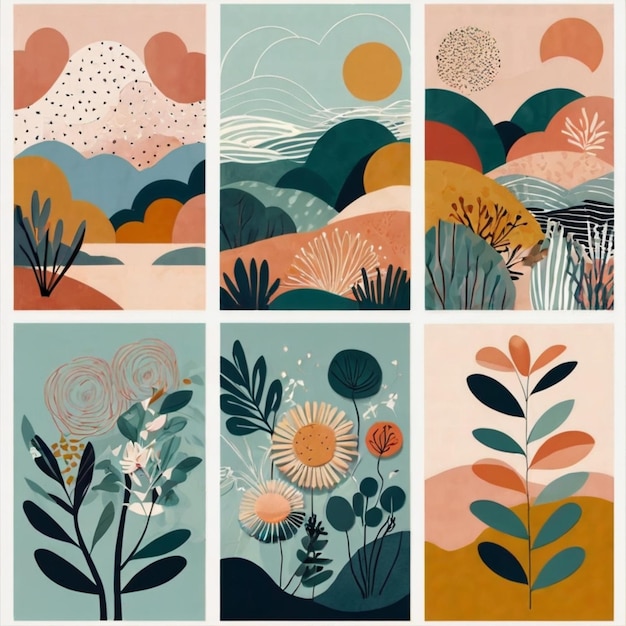 a series of paintings including plants and the sun