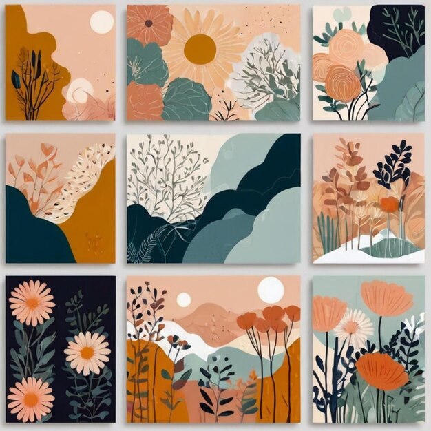 a series of paintings with flowers and moon and moon