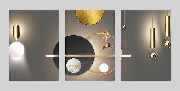 A series of paintings with gold and black on them