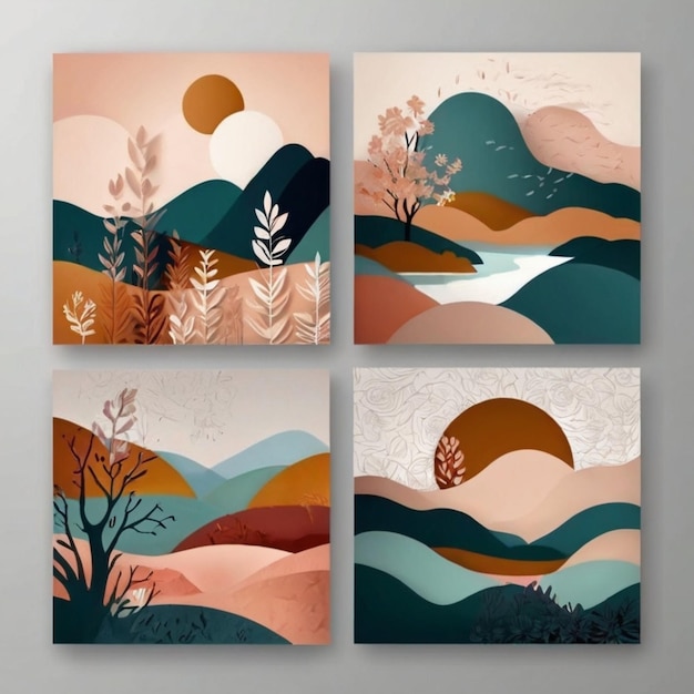 a series of paintings with a mountain landscape and trees