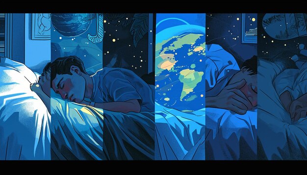 A Series of Panels Showing the Same Person in Different Sleep States and Environments