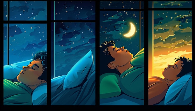 A Series of Panels Showing the Same Person in Different Sleep States and Environments