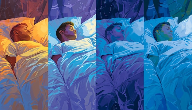 Photo a series of panels showing the same person in different sleep states and environments