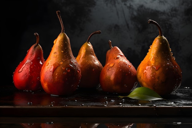 A series of pears on a dark background