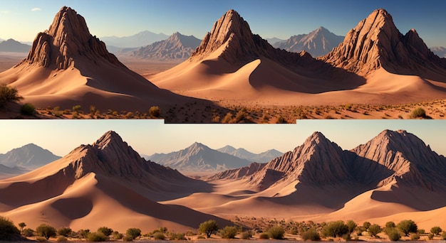 a series of photos showing a desert landscape with mountains in the background