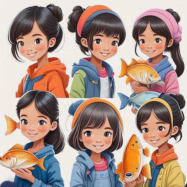 a series of photos showing a girl holding fish and a bag of fish