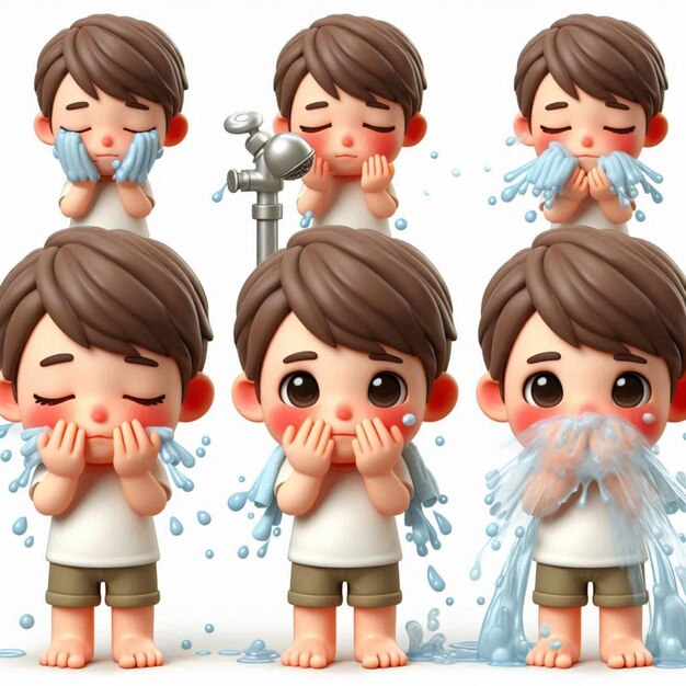 a series of pictures of a boy with water dripping from his mouth