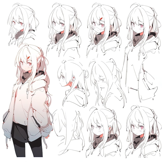 a series of pictures of a girl with long hair and a hoodie