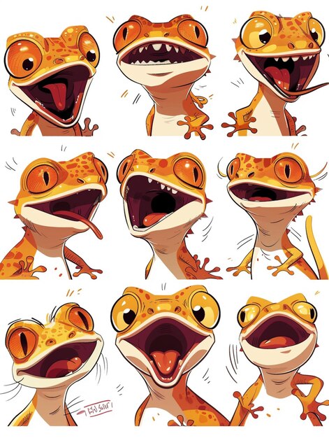 Photo a series of pictures of a lizard with a mouth open and a cartoon character saying  geckos