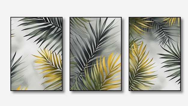 a series of pictures with palm leaves and a white background