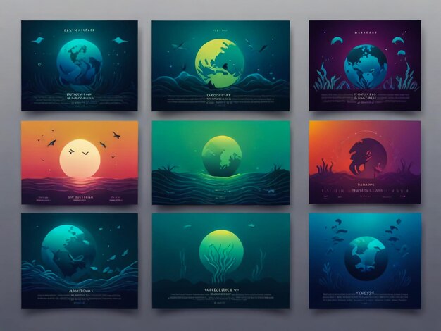 a series of posters with the moon and the sea