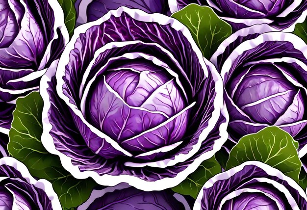 a series of purple cabbages with a white flower on the top