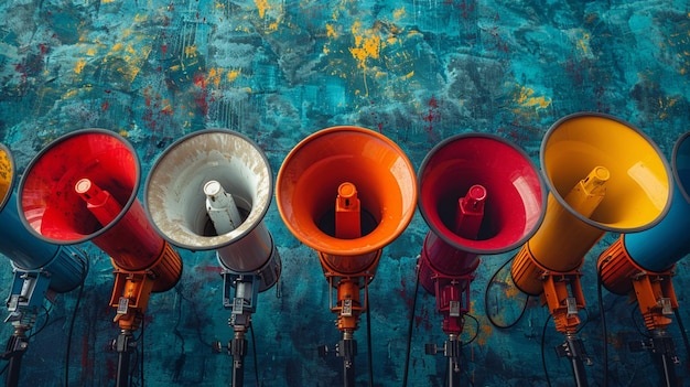 a series of red and colourful megaphones with one being called the speaker