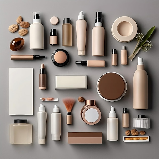 A Series of Skin Care Products That are Neatly Arranged with Minimalistic Decorative Elements