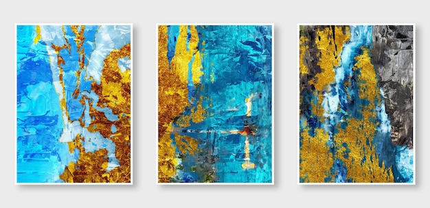 A series of three paintings abstract golden background the fashion of modern art in the wall