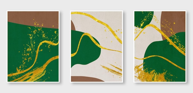 A series of three paintings abstract golden background the fashion of modern art in the wall