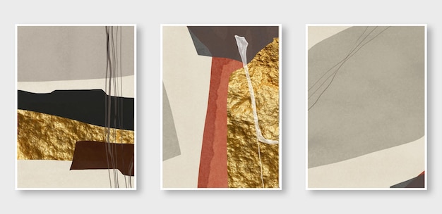 A series of three paintings abstract shapes the golden background The fashion of modern art wall