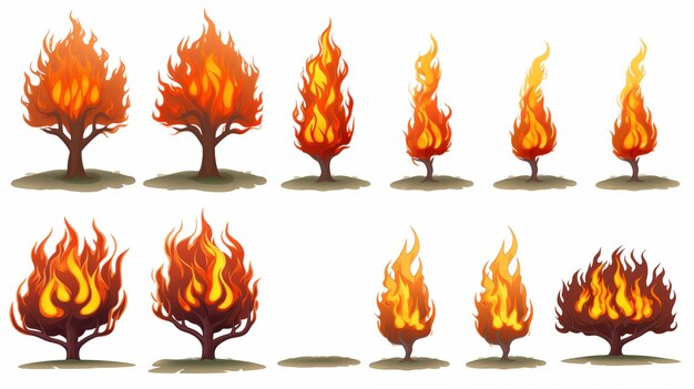 Photo series of trees engulfed in flames depicting various stages of fire