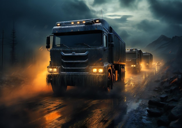 A series of trucks driving in a stormy night