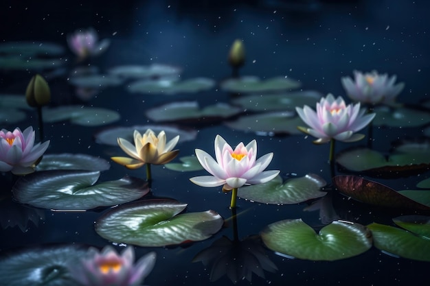 A series of water lilies in a pond with a blue background.